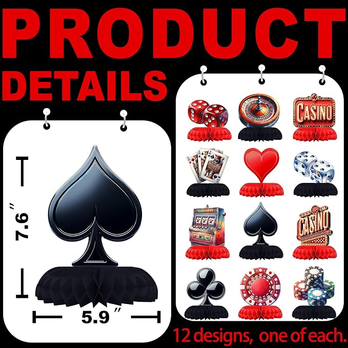 12 Pack Casino Table Decorations - Casino Party Decorations for Adults' Birthday and Themed Events - Casino Table Toppers