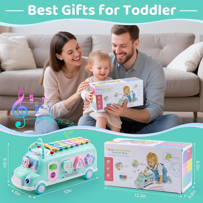 5-in-1 Baby School Bus Xylophone Toys for 1 Year Old Girl Gifts, Educational Toddler Toys , 1st Birthday Gril Gift, Toddlers Montessori Musical Baby Bus with Shape Sorter & Knock Hammer