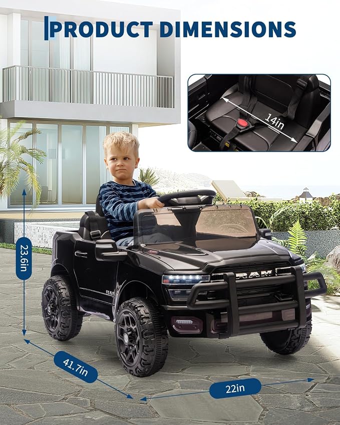 Garvee Kids Ride On Cars, Licensed RAM 12V Electric Ride On Truck Car w/Remote Control, Electric Pickup Car for Toddlers, Spring Suspension, LED Lights, Music, Ride On Toys for Boys Girls