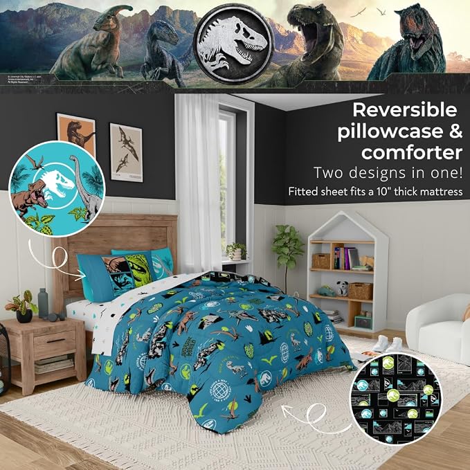 Jurassic World Kids Bedding Super Soft Cozy Reversible Microfiber Comforter and Sheet Set with Sham, 7 Piece Full Size, (Officially Licensed Product) By Franco