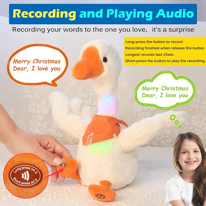 Marsjoy 13" Talking Dancing Goose Swan Stuffed Animal Repeating What You Say Mimicking Recording Plush Baby Toy Musical English Song Singing Glowing Animated Twisting Gift Toy for Boy Kid