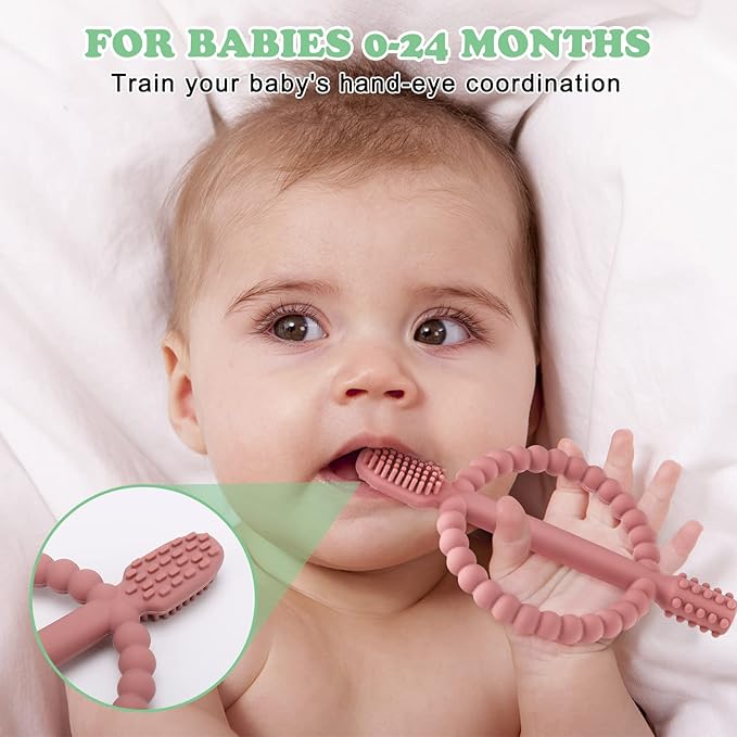 Baby Teething Toys with Easy-Hold Handle, Silicone Infant Toothbrush, Textured On Both Sides Helps Massage, Soothe Sore Gums, Teething Toys for Babies 0-6 Months, 6-12 Months Bright Green & Caramel