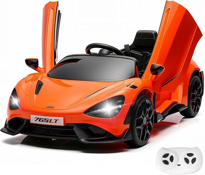 Kids Ride-on Car Licensed McLaren765LT for 3-6Years Old, Electric car 12V Battery Powered Electric Vehicle, w/Parent Remote, Music Player, LED Lights, Smooth Start, 3 Speeds, (Orange)