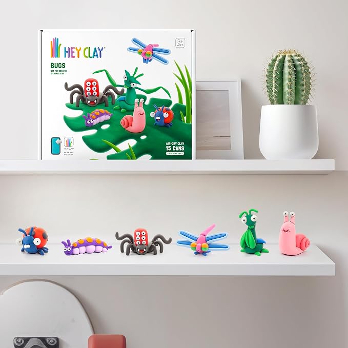 HEY CLAY Set - Colourful Modeling Air Dry Clay Kit for Kids 15 cans and Sculpting Tools with Fun Interactive Instructions App - Children 3+ (Bugs)