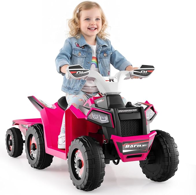 OLAKIDS 6V Kids ATV with Removable Trailer, Forward Backward Function, Widened & Wear-Resistant Wheels, Ride On Toy for Toddlers (Pink)