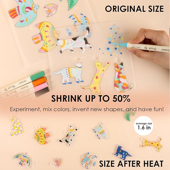 Grabie DIY Shrink Art Craft Kit Jewelry Making Kit for Kids Adults, 25+ Pre-Cut Shapes, 5 Dual-Tip Markers, Custom Charms, Pins, Rings, Keychains (Paws & Wings - Creative Freedom)