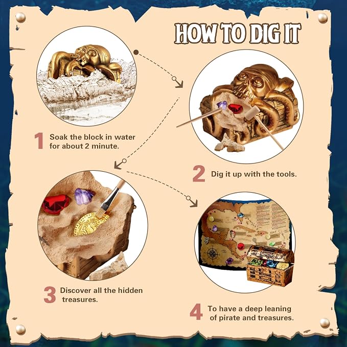Jumbo Pirate Treasure Chest Dig Kit - Dig Up 12 Gems & Pirate Treasures, STEM Science Educational Toy Gifts for Boys, Girls & Kids Ages 6–12, Excavation Dig Party Favors