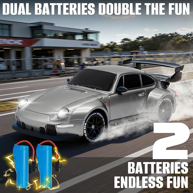 RC Drift Car,1:24 Scale Remote Control Car, 2.4GHz 20KM/H 4WD High Speed RC Cars for Kids with LED Light, Two Batteries,Drifting Tires,Racing Vehicle Toy for Adults Boys Girls Silver