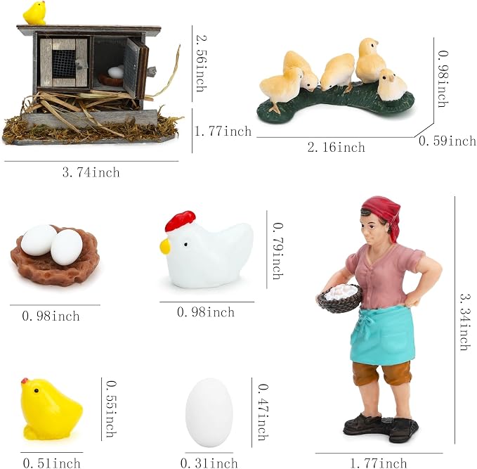 ONEST 16 Pieces Mini Farmer Figurines Hand Painted Chicken Coop Figures Realistic Detailed Hen Chick Chicken Nest Farmer Farm Animal Figurine Model