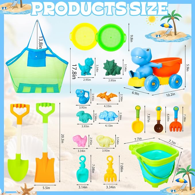 20 Pcs Beach Toys, Dinosaur Sand Toys Include Molds Foldable Bucket Mesh Storage Bag Shovels Dump Truck, Summer Sand Toys for Toddlers Kids