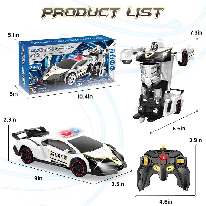 Remote Control Car Transformer Toys for Boy 4-6 Years Old: One-Button Transforming Police Car with LED Light & 360° Rotation Drifting 2.4 Ghz Robot RC Car Christmas Birthday Gift Idea for Kids