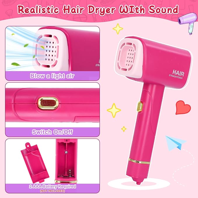 Doll Head for Hair Styling Kids, Pretend Play Hair Salon Toys for Girls with Hairdryer Hair Accessories, Princess Birthday Toys Gifts for 3 4 5 6 7 8 Years Old
