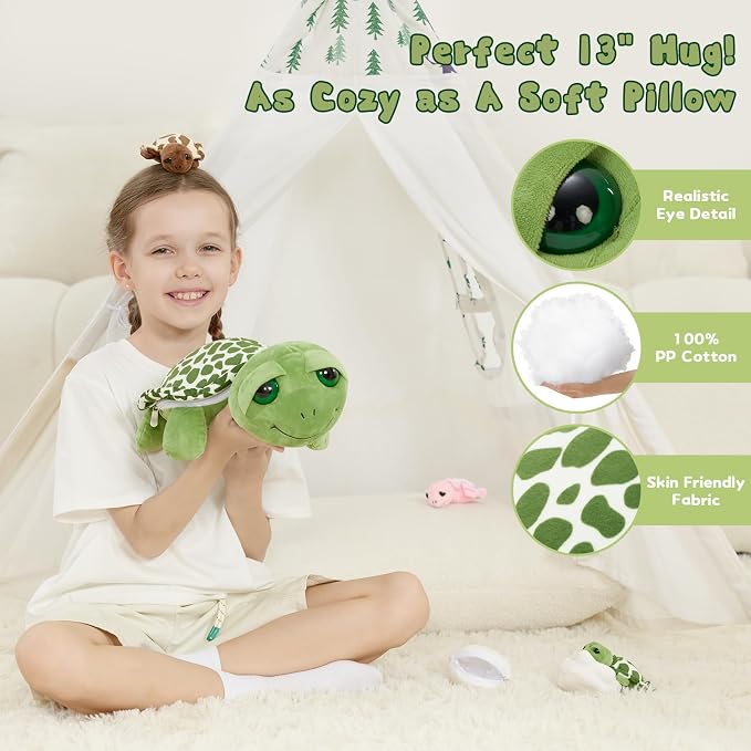 6Pcs Sound Turtle Plush Toy, 14" Talking Mother Turtle Stuffed Animal with 3 Baby Tortoise & 2 Eggs, Stuffed Educational Sea Creature for Kids, Ocean Plushies Gift for Birthday Christmas