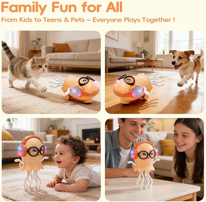 GONINO DJ Dancing Jellyfish Baby Toys, Musical Crawling Tummy Time Toys with LED Light & Smart Obstacle Avoidance, 360° Spin Sensory Toys for Toddlers, Kids Toys Birthday Gifts for Boys Girls, Orange