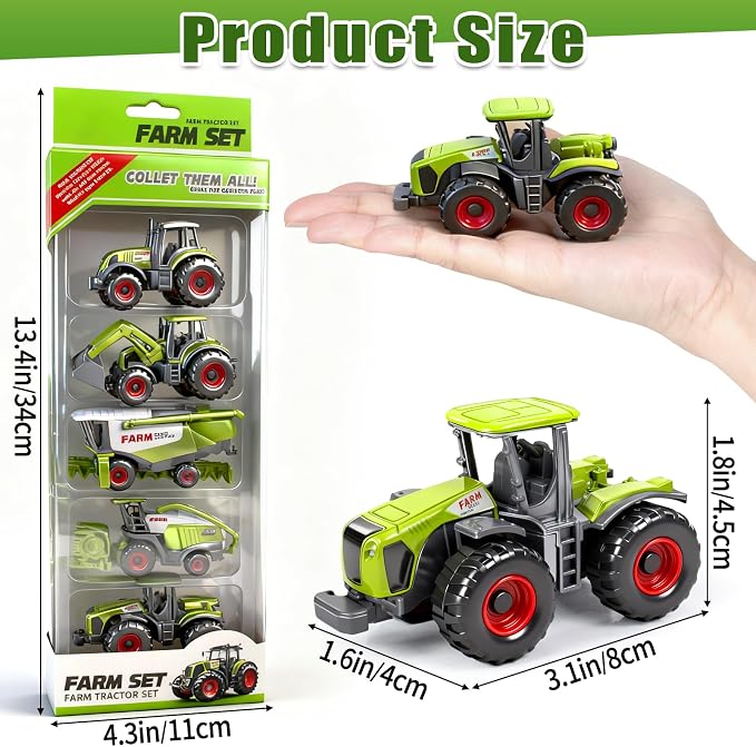 5 Pack Diecast Farm Tractor Toy, Toddlers Farm Toys Tractor Vehicles with Combine Harvester, Forage Harvest, Mini Farming Truck Toys for Kids Boys Ages 3 4 5 6 7 8 Birthday Gift & Party Favors