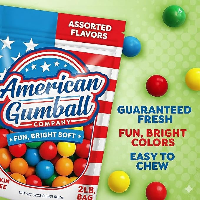 American Gumball Company Refill Gumballs 2 Pound Bag - .59 inch Small Gumballs for 1/2" Gumball Machine, Assorted Flavors