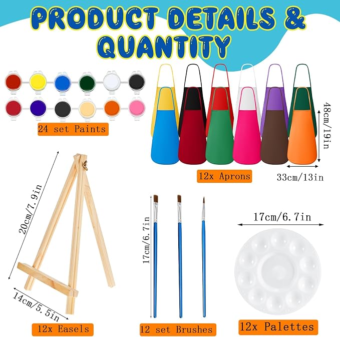 Ireer 84 Pcs 12 Sets Paint Party Kits Animal Pre Drawn Canvas, Wooden Easel, Paintbrushes, Palette, Acrylic Paints and Aprons, Pre Drawn Canvas to Paint for DIY Birthday Party Gift(5 x 7 Inches)