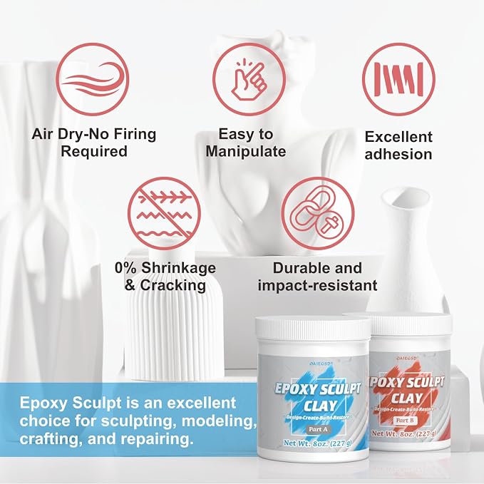 4 Pound White Epoxy Putty Sculpt Clay, 2 Part (A & B) Modeling Compound for Sculpting, Modeling, Building, Repairing, Self-Hardening Epoxy Clay Easily Repairs Metal, Wood, Tile, Ceramics, Plastic