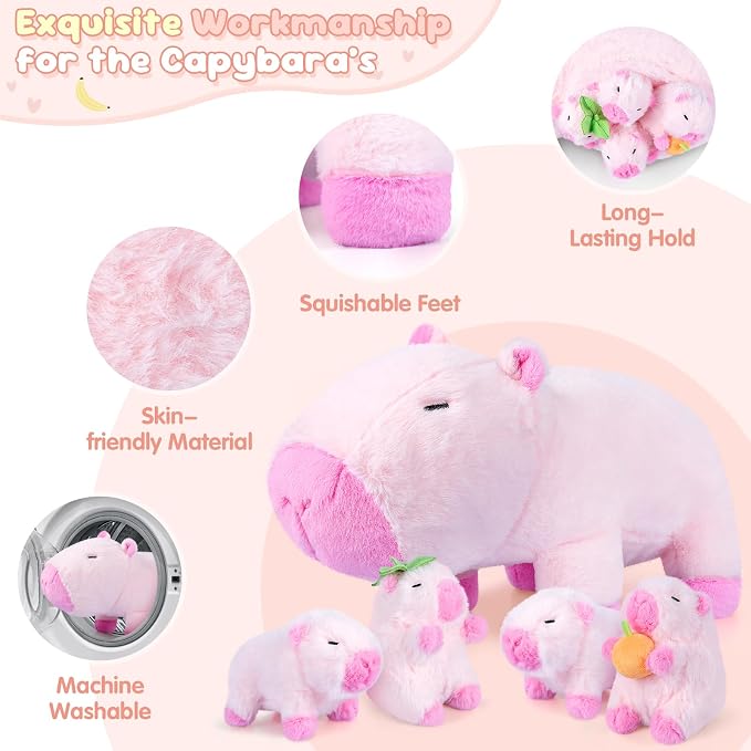 SuzziPals 5-in-1 Pink Capybara Plush with Babies Inside, 5Pcs Set Capybara Stuffed Animal with Mommy & 4 Babies, Cute Plush Pillow Decor, Cute 3 to 8 Year Old Girl Gift, Imaginative Toy (Capibara)