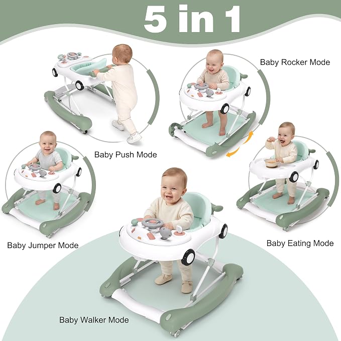 5-in-1 Convertible Baby Walker with Steering Wheel Music Activity Center – Infant Rocker, Jumper, Push Walker, Bouncer & Feeding Foldable Walker for Ages 6-18 Months Boys Girls (Mint)