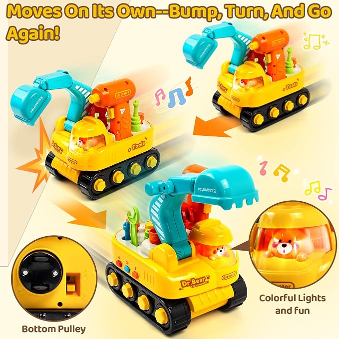 Toys for 2 Year Old Boys: Toddler Tool Set, Excavator Take Apart Toys with Electric Drill, Screwdriver, Wrench, Learning Pretend Construction Toy for 2 3 Years Old Kids Birthday Gift, Musical, Light