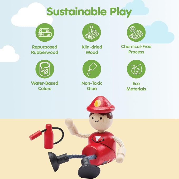 PlanToys® Wooden Firefighter Doll | Poseable 1:12 Scale Figure for Dollhouse Play, Rescue Missions & Emergency Scenarios | Eco Friendly Montessori Pretend Play Figure