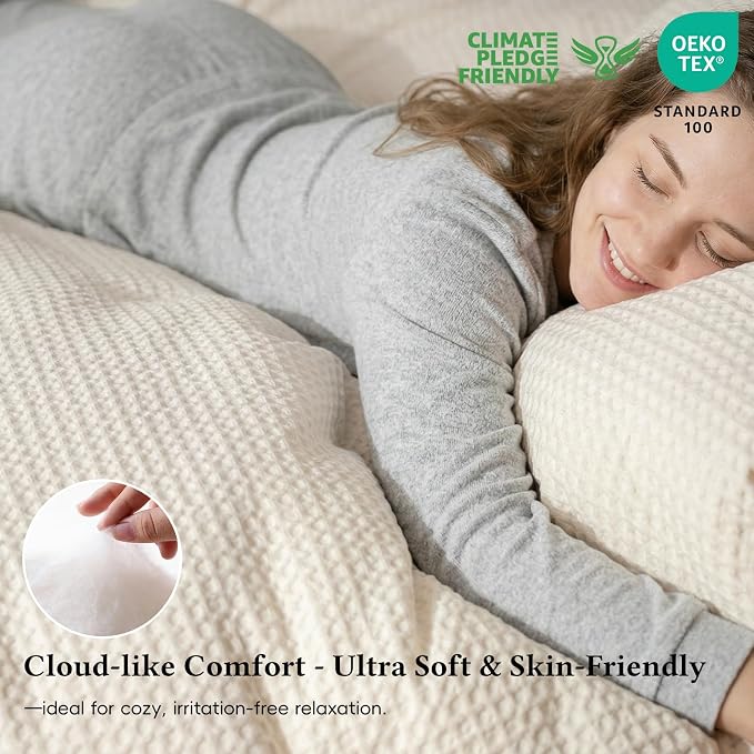 David's Home Waffle Weave Comforter Set 2PCS Twin Size, Soft Breathable Lightweight Cozy Skin-Friendly Warm for All Season, Elegant Aesthetic Home Decor Bedding Set with Pillow Shams, Cannoli Cream