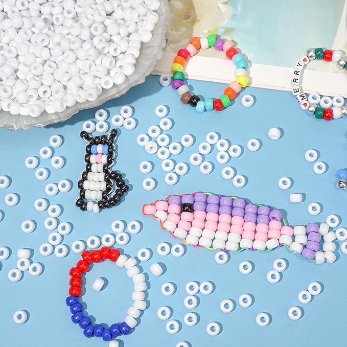 Dowsabel White Pony Beads Bulk 1000 Pcs 6x9mm, Large Hole Kandi Hair Beads for Braids Bracelets, DIY Friendship Bracelets Necklaces Jewelry Making Crafts and Gifts