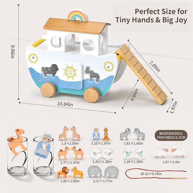 Wooden Noah’s Ark Toy with Cloth Book, Baptism Gifts for Boys and Girls, Christian Shape Sorter and Pull Along Playset for Toddlers 18M+, Animal Matching, Stacking and Threading Toys