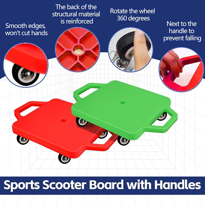2 Pcs Sports Scooter Board with Handles Colored Floor Sitting Scooter Board with Plastic Casters for Kids Gym Indoor Outdoor Activities Play Equipment