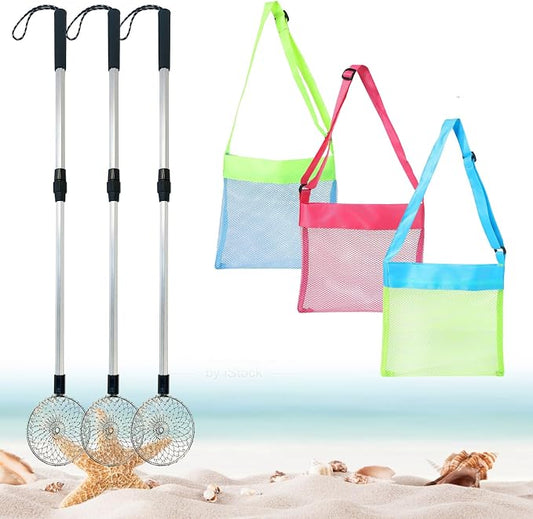 6Pcs Beach Sand Sifter, Adjustable Shark Teeth Sifter Shell Shovel Rock Scooper with Shell Collecting Bag- Beach Scoop Shovel and Sifter Tool for Picking Up Shells Beachcombing & Rock Hunting