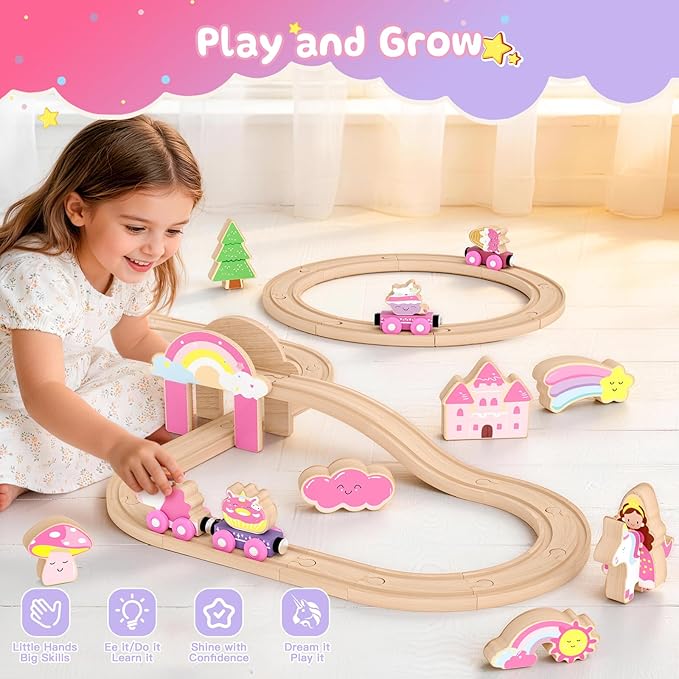 Wooden Train Set, Magnetic Pink Unicorn Toys Train Track for Toddler 3-6 | Princess Toddler Toys for 3 4 5 6 Year Old Girl Birthday Gifts