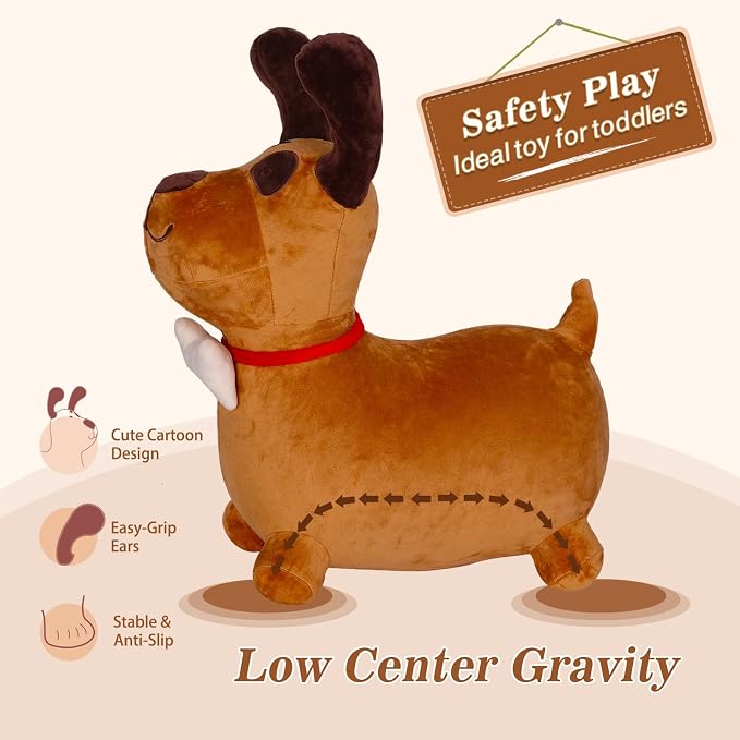 INPANY Bouncy Horse, Brown Dog Hopper Toy, Toddler Plush Bouncing Animal, Inflatable Jumping Buddies, Ride on Animal Bouncer, Outdoor Indoor Birthday Gift for 2 3 4 Year Old Girl Boy