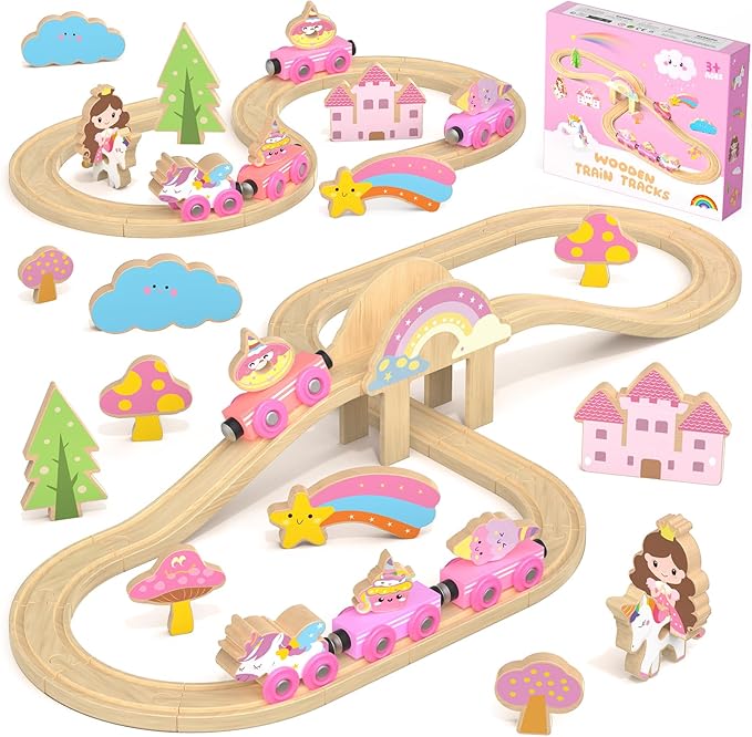 Hot Bee Wooden Train Set for Toddlers 2-4, 38-Piece Unicorn Train Set for Girls, Pink Wooden Train Track Set with Fairies & Unicorns, Girl Train Set Birthday Gifts for 2 3 4 5 Year Old Girls