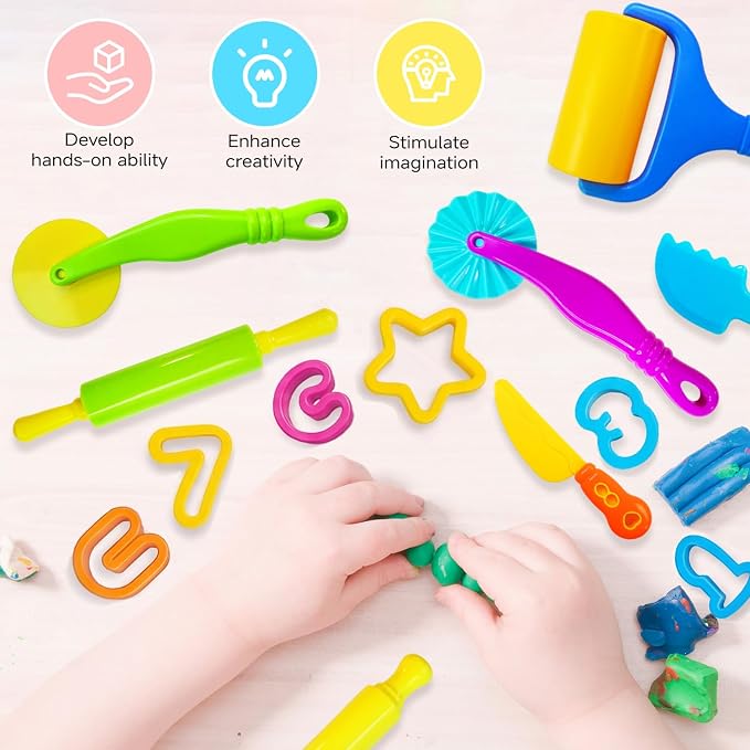 55 Pcs Alphabet & Number Dough Tool Set – Clay Play Kit for Kids with Rolling Pins, Geometric Cutters & Letter Molds, Modeling Accessories for Creative Learning