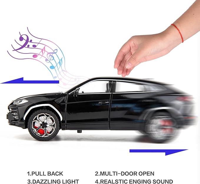 BDTCTK 1:24 Lambo Urus Car Model, Diecast Pull Back Car Toy car, Doors Open, Light and Sound, Boys Toys Kids Adults Gifts Black