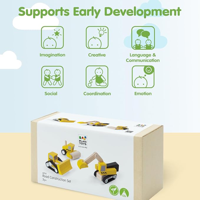 PlanToys® Road Construction Set Wooden Montessori Imaginative and Fine Motor Play Toy | Coordination, Creativity and Social Skill Building Activity | Eco Friendly Vehicle Set for Open Ended Play
