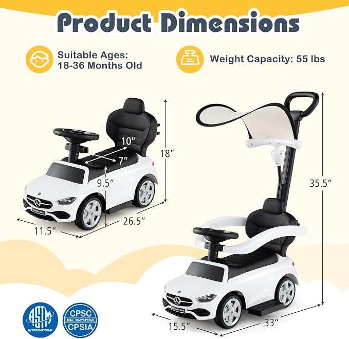 Costzon Push Car for Toddlers, 3 in 1 Mercedes Benz Stroller Sliding Walking Car w/Canopy, Handle, Safety Bar, Horn Sound, Underneath Storage, Foot-to-Floor Ride On Toy for Boys & Girls, White