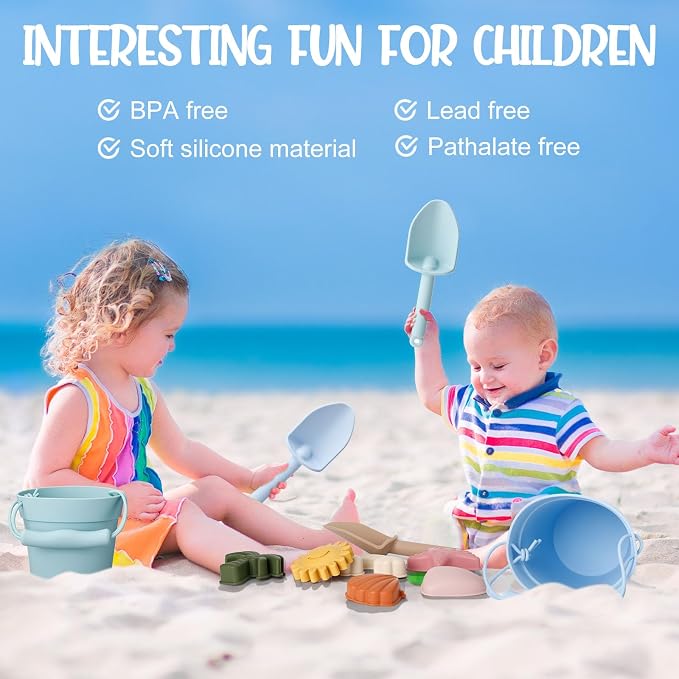 Hungdao 14 Pcs Silicone Beach Toys Travel Beach Set Sand Toys Include 2 Silicone Bucket Pail, 2 Shovel, 9 Sand Molds, 1 Beach Bag for Boys Girls Summer Pool Outdoor Bath Toys (Blue, Green)