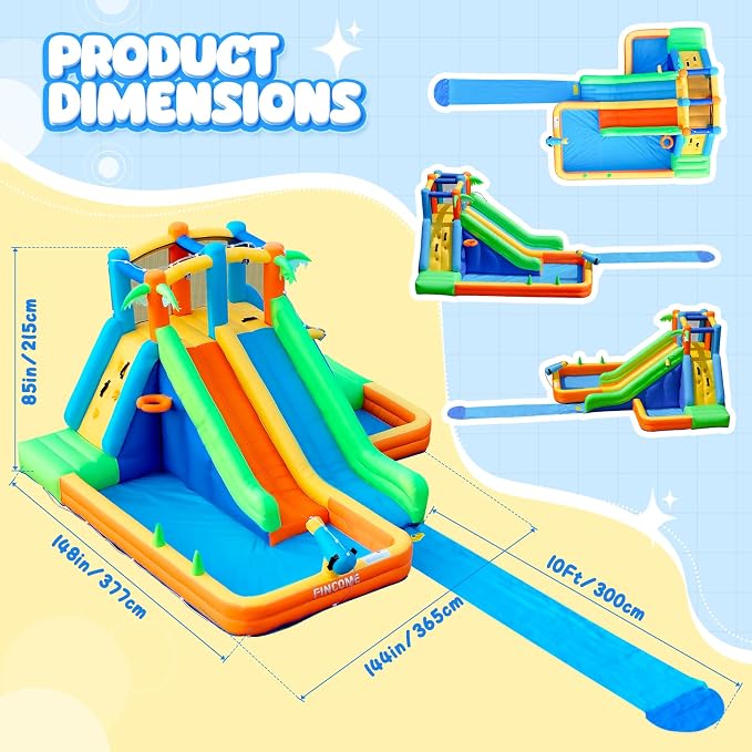 FINCOME Inflatable Water Slide Bounce House with Extend Long Splash Waterslide for Kids Backyard, Blow Up Bouncy Castle Park with 2 Water Pool, Basketball Hoop, Water Cannon for Indoor, Outdoor, Party