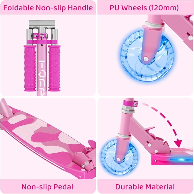 TONBUX Scooters for Kids 5-12, 2 Wheel Scooters with Cool Light Up Stem, Wheels, and Deck, 3 Level Adjustable Height Kick Scooter, Foldable and Lightweight Scooter for Kids 8-12