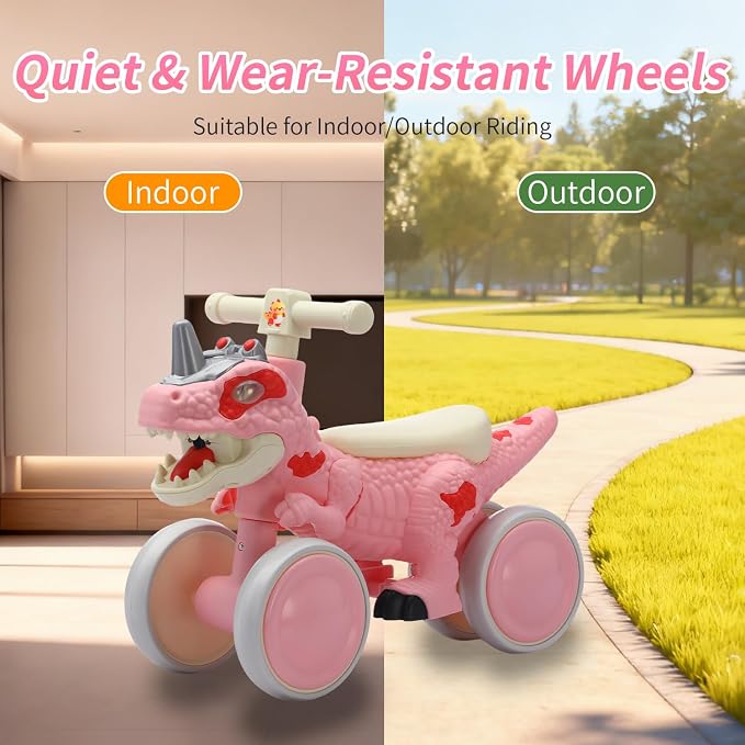 Dinosaur Balance Bike for 1-3 Year Olds, 4-Wheel No-Pedal Bike for Walker, Ride on Toys for Toddlers with Music and Mist Spray, First Birthday Gift for Boys & Girls (Pink)