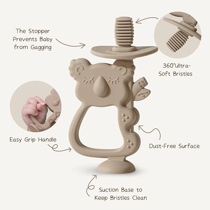 Moonkie Teething Toy, Safe & Easy to Hold BPA Free Silicone Teethers, 360° Baby Toothbrush with Suction Base, Teether Toys Best for Babies 6-12 Months (Koala Warm Taupe)
