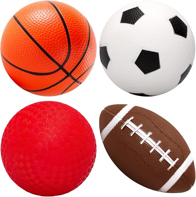 Soft Balls for Toddlers 1-3 3-5, Easy to Grip Toddler Toys 4 Pack 5" Small Balls & Pump - Mini Football Soccer Basketball Dodgeball - First Birthday Gift Baby Toys for Babies Boys Girls