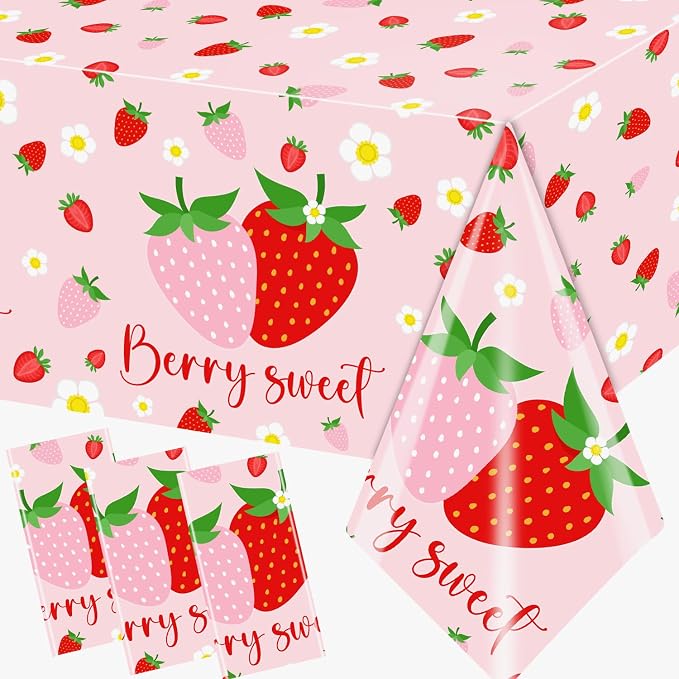 Strawberry Tablecloths Birthday Decorations, Plastic Berry Sweet Table Covers for Strawberry Party Decoration Berry Sweet Baby Shower Party Supplies
