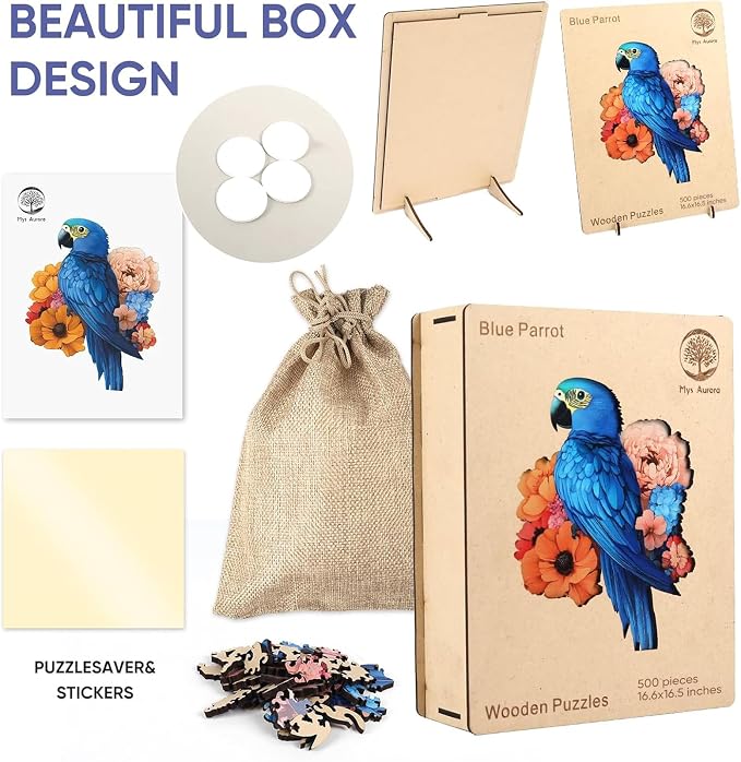Mys Aurora Wooden Puzzles for Adults, Blue Parrot Couple Jigsaw Puzzles 500 Pieces, 16.6 x 16.5 Inch, Royal, Unique Shaped Round Blue Parrot Puzzles for Adults and Kids, Family Game