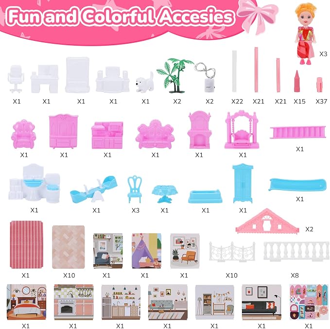 Pink Dollhouse Playset with Lights for Girls 6-12,Dream House with Garden, 3 Dolls 9 Rooms,Pet Dog and Furnitures,Indoor Playset Toys,Great Birthday Gift for Girls.