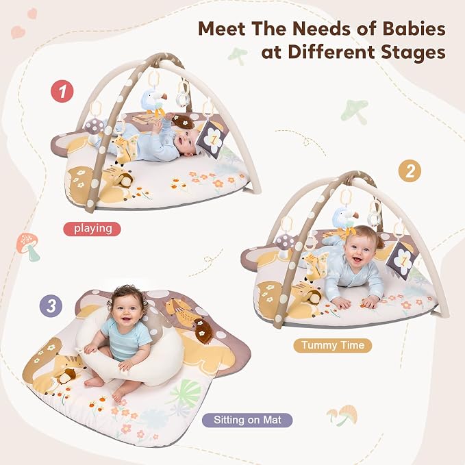 suihuooo 3-in-1 Baby Play Mat & Baby Seats for Infants for Sitting Up, Tummy Time Gym Activity Mat with 5 Detachable Toys, for Babies 0-6-12-18 Months, Newborn Babies Shower Gifts(Khaki)