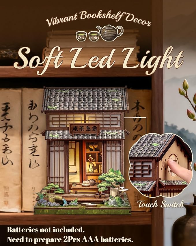 Cutefun Book Nook Kit - DIY Miniature Dollhouse Kit for Adults, Teens and Beginners, Japanese Tea Room Booknook Tiny House Bookshelf Decor 3D Wooden Puzzles, Gifts for Friends and Family (Tea House)