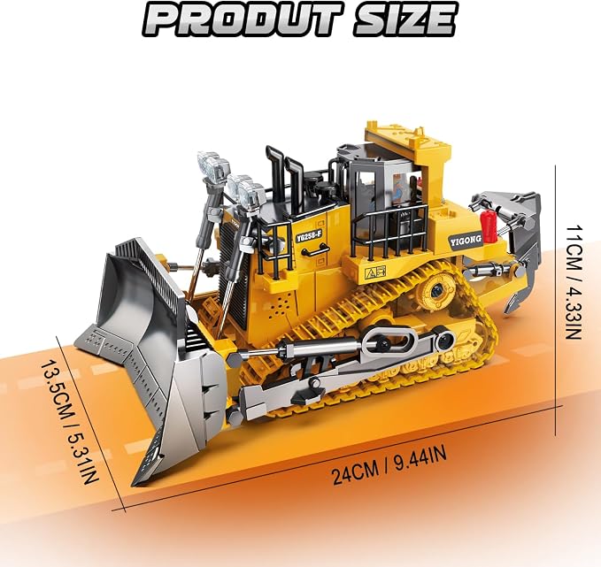 RC Bulldozer Toy for Kids,1:24 Scale 9-Channel Remote Control Track-Type Dozer with Light& Sounds,2 Rechargeable Batteries Dozer Construction Vehicle Toy for Boys Gift